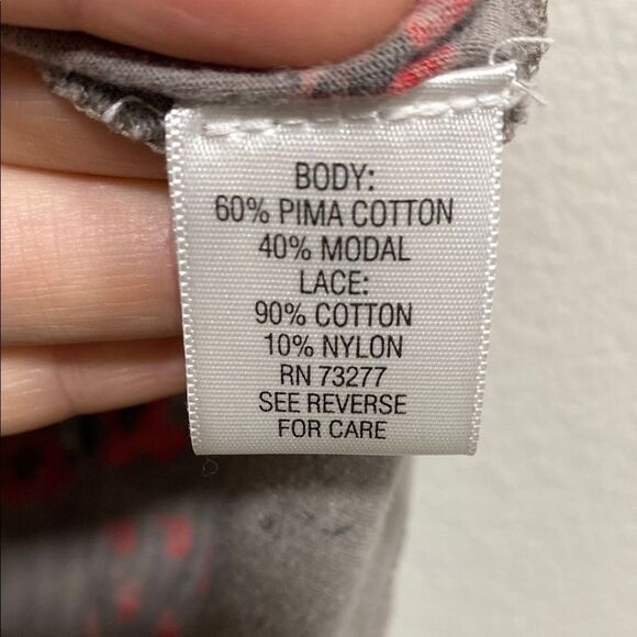 ELLE Gray Floral Lace Yoke Cap Sleeve Top S Pima Cotton Modal - Picture 10 of 10